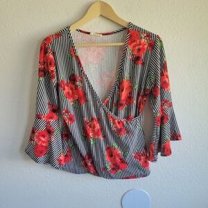 PINC Striped Floral Black White Red Bell Sleeve Blouse Womens Size L